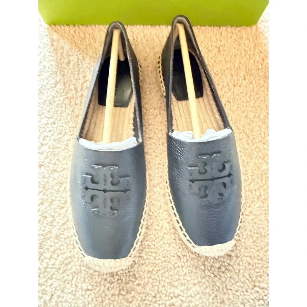 Tory Burch Stitch Logo Leather Espadrille Perfect Black Pebbled Flat 181312 6